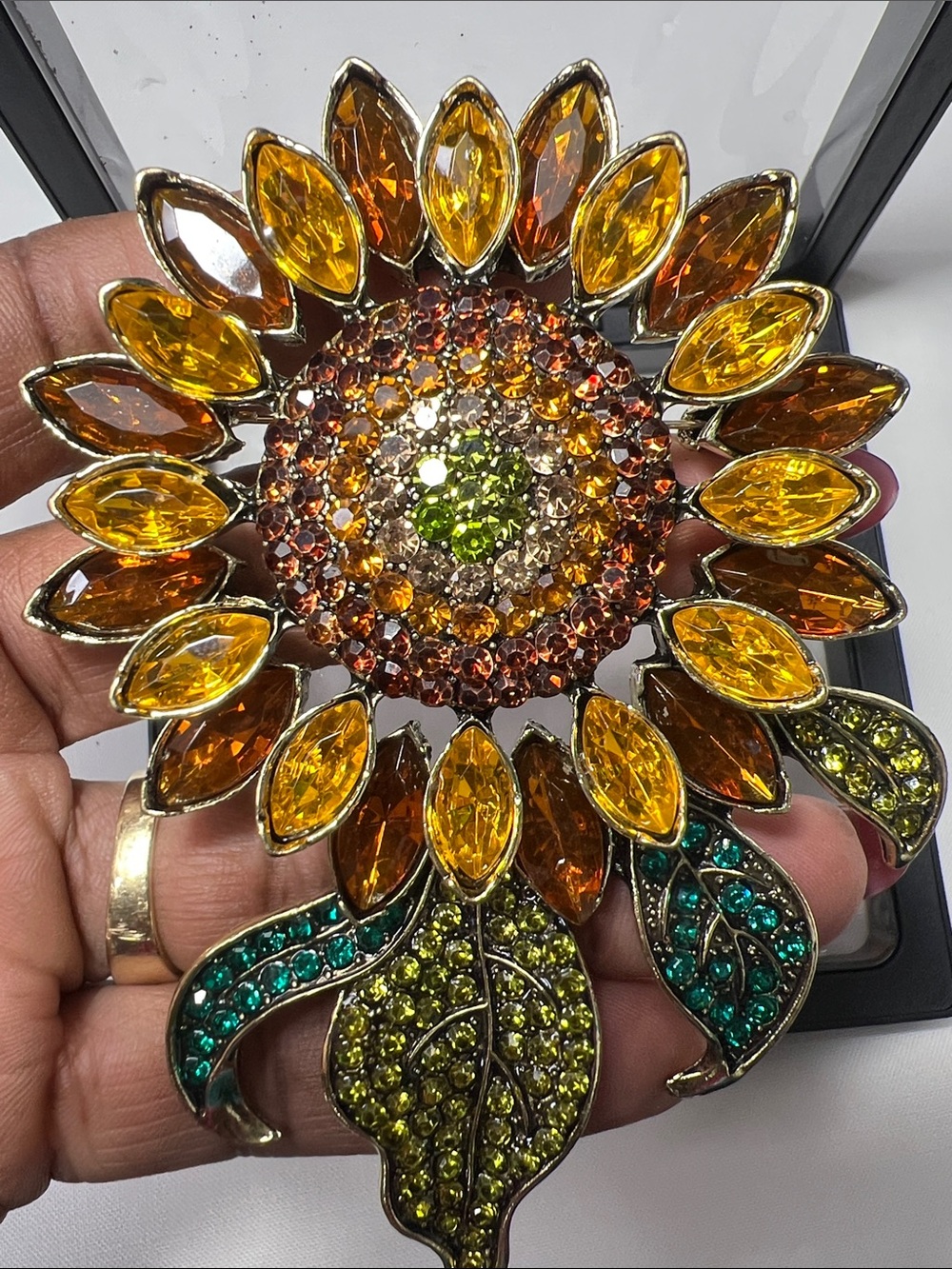 Sunflower Crystal Brooch in Amber, Green and Teal - Picture 3 of 3
